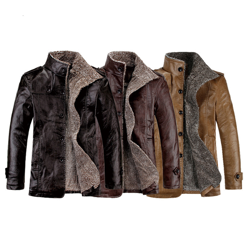 Autumn Winter Men's Stand Collar Fleece Lined Thickened Business Casual PU Washed Plus Size Leather Jacket Men's Coat Fleece-Lined Jacket