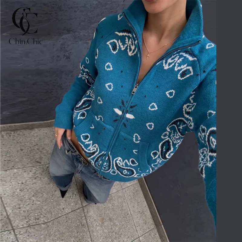 Paisley Bandana Print Knitted Womens Cardigan Coat High Collar Long Sleeve Sweater Jacket Casual Autumn Winter Outerwear 260920