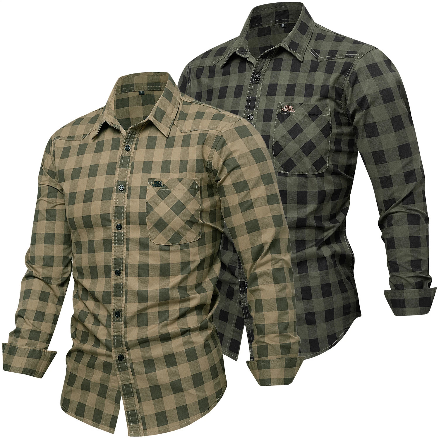 Autumn Fashion Mens 100% Cotton Plaid Shirt Tops Casual Button Down Long Sleeve Letter Embroidery Shirts with Pocket 260920