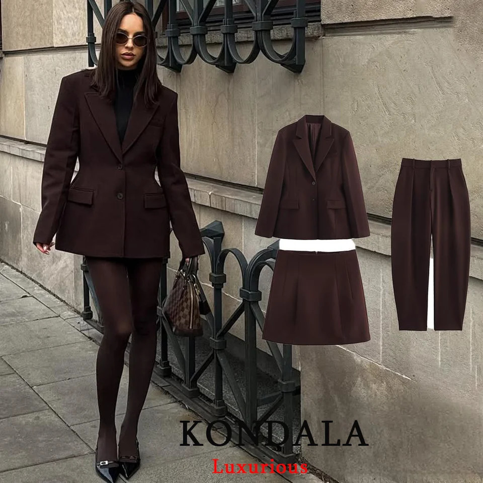 KONDALA Chic Casual Solid Women Suit Pockets Button Blazer Straight Loose Pants Zipper Skirt Fashion Autumn Winter Sets 260920