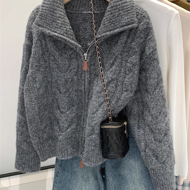Retro Solid Double Zipper Turn-down Collar Sweater Women Autumn Winter Lazy Style Loose Knitted Cardigan Thicken Loose Tops 260918