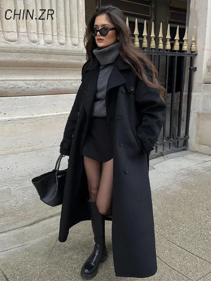 Elegant Women's Long Woolen Coats Loose Lapel Double Breasted Pocket Female Overcoats 2026 Autumn Winter Lady Warm Outwear 260918