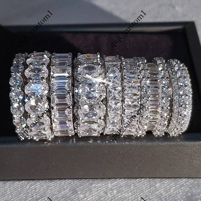Luxury Designer 925 Sterling Silver Crystal Band Princess Cut White Cubic Zircon Diamond Never Fade Classic Promise Wedding Bridal Ring Top Selling