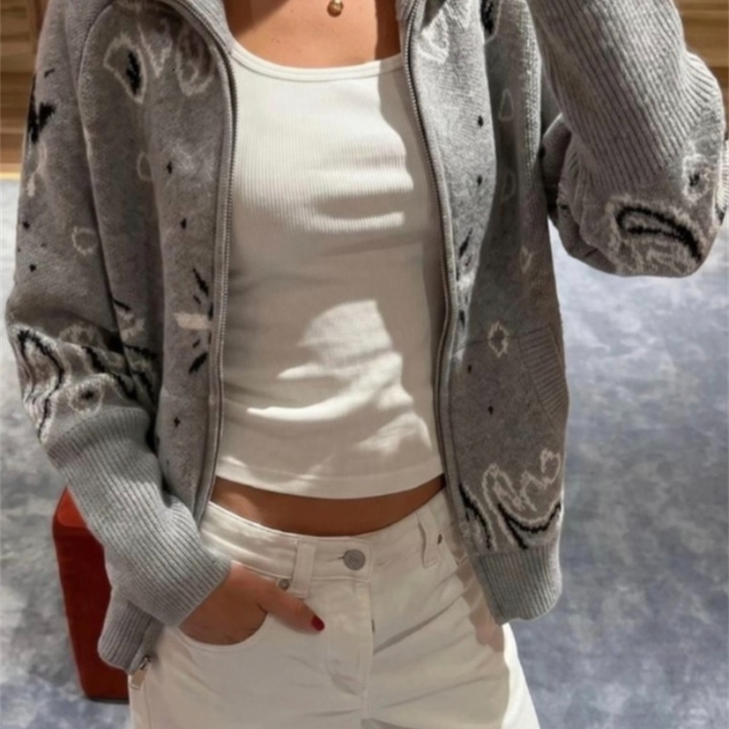 Vintage Womens Knit Jacquard Cardigans Stand Collar Zipper Full Sleeve Female Sweater 2026 Spring Autumn Lady Cozy Knitwear 260918