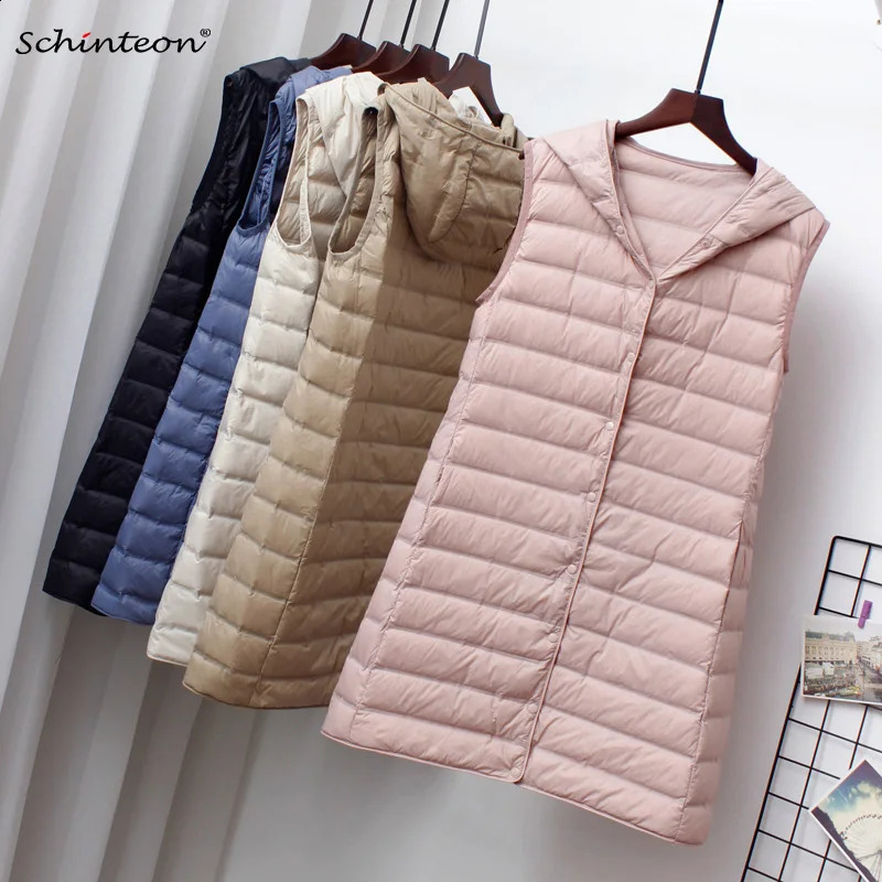 Schinteon Women Ultra Light Down Long Vest with Hood Casual Slim Waistcoat 90% White Duck Down Gilet Fashion 260918