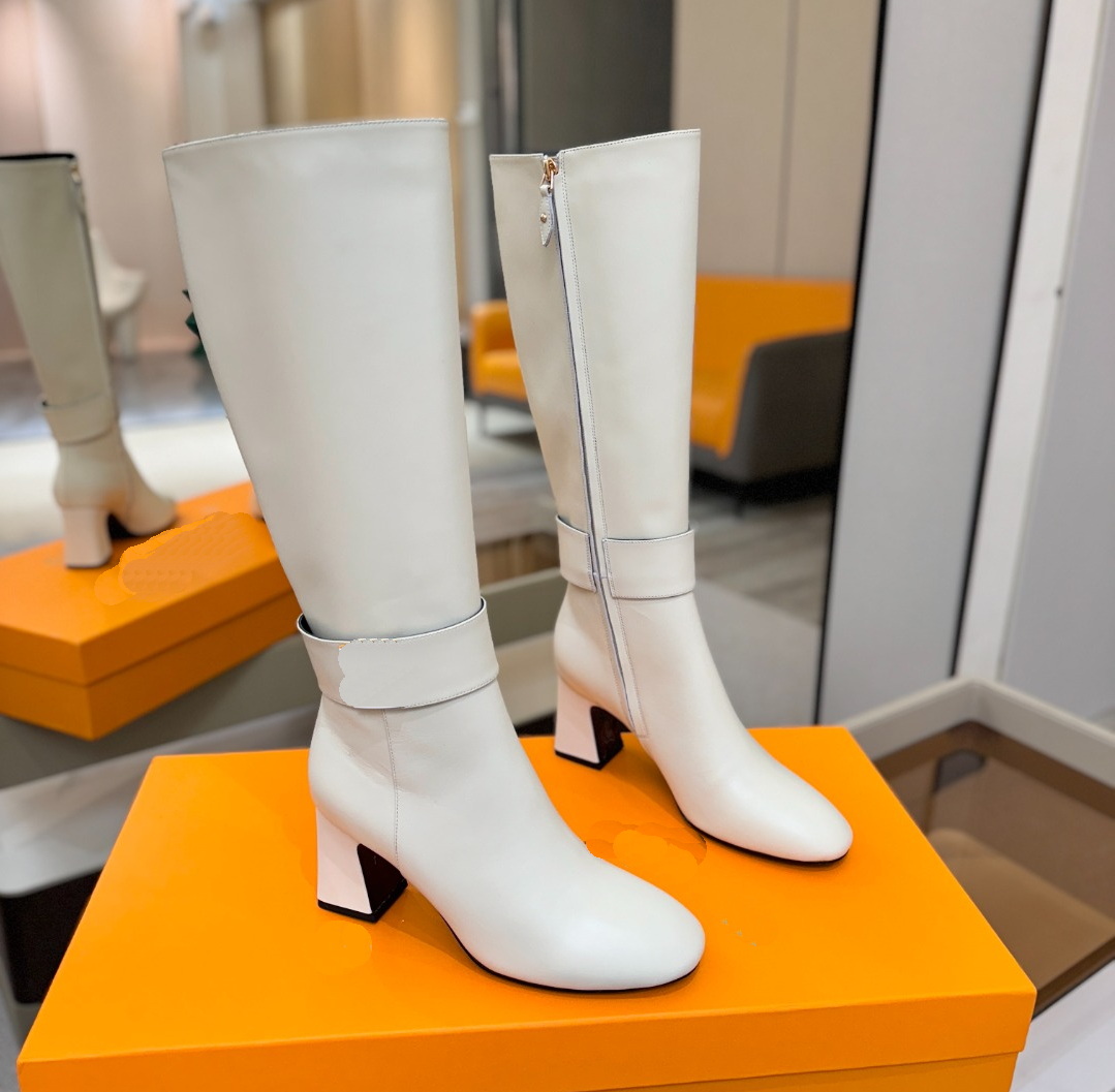 Designer Womens Dress Shoes Luxury News Belt Buckle Leather Round-Toes Platform Modern Boots Solid Cow Suede Chunky Heels ZIP Over-the-Knee Botas