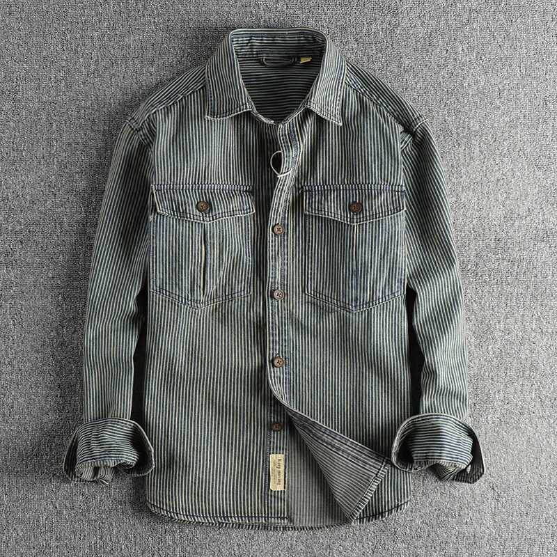 Camicie casual da uomo Tessuto a righe tinto in filo lavato per realizzare una vecchia camicia in denim cargo vintage per uomo Cappotto camicia casu