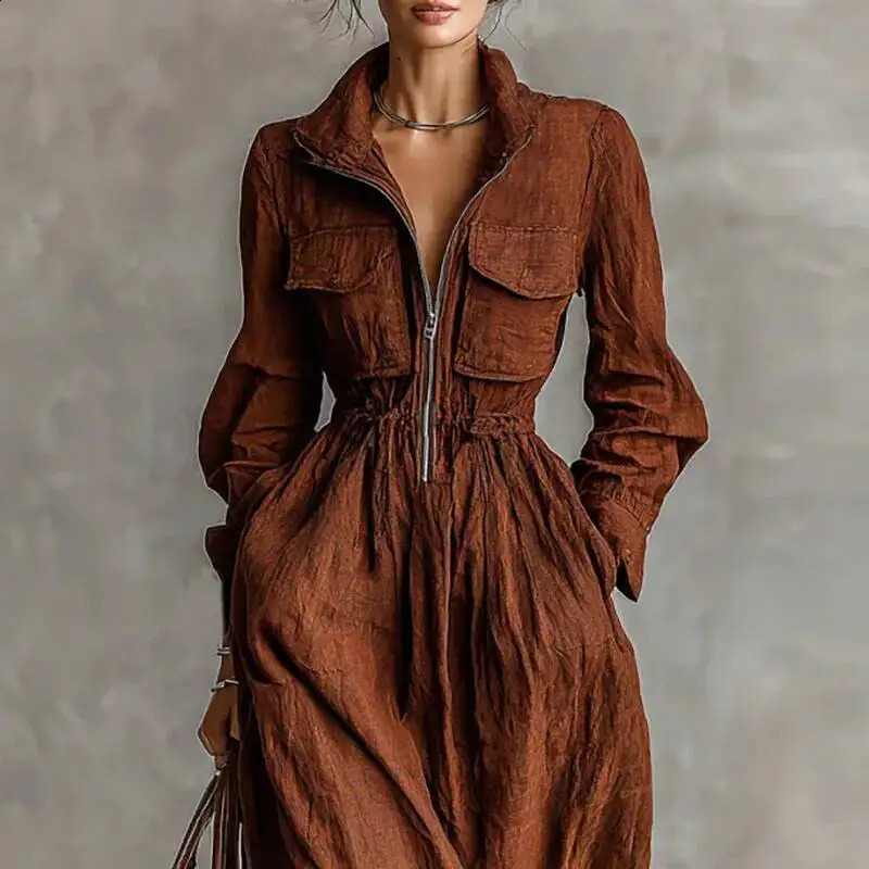 Women Lapel Zip Cargo Pocket Spring Solid Cotton Linen Maxi Fall Long Sleeve Elastic Waist Loose Boho Dress 260920