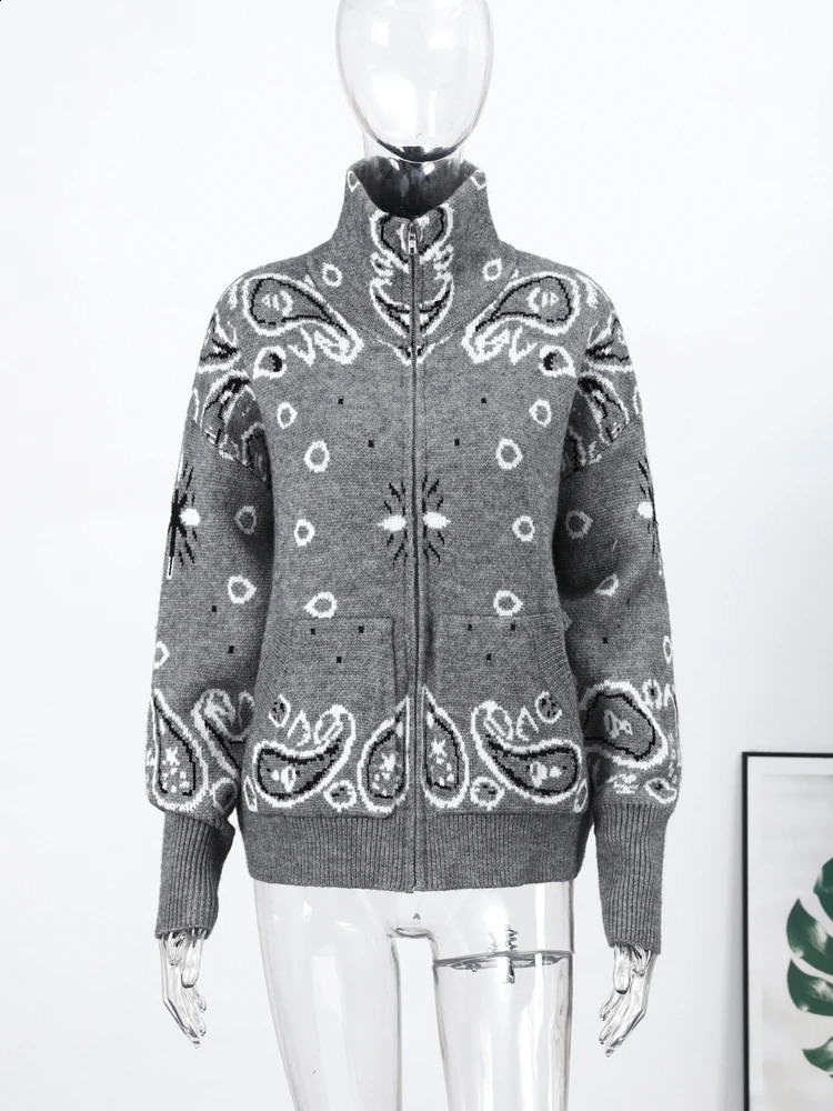 Casual Jacquard Cardigan for Women Loose Stand Collar Zipper Pockets Allmatch Female Sweater 2026 Spring Thick Warm Knitwear 260920