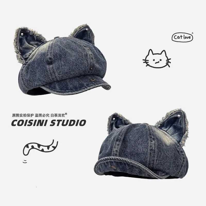 Y2K Personalized Cat Ear Berets Flip Brim Berets for Women Summer Autumn Travel Versatile Show Face Small Retro Denim Newsboy Hats N260919