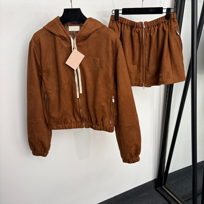 Retro Faux Suede Hooded Jacket Set Women Chic Embroidery Zip Jackets Elastic Waist Min Skirts Autumn Street Trendy Skirts Set for Women