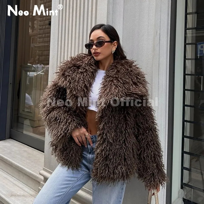Neo Mint Winter Lulicore Fashion Brown Faux Fur Coat Women Chic Autumn Warm Fluffy Sheep Fur Jacket Big Fur Collar Overcoat 260920