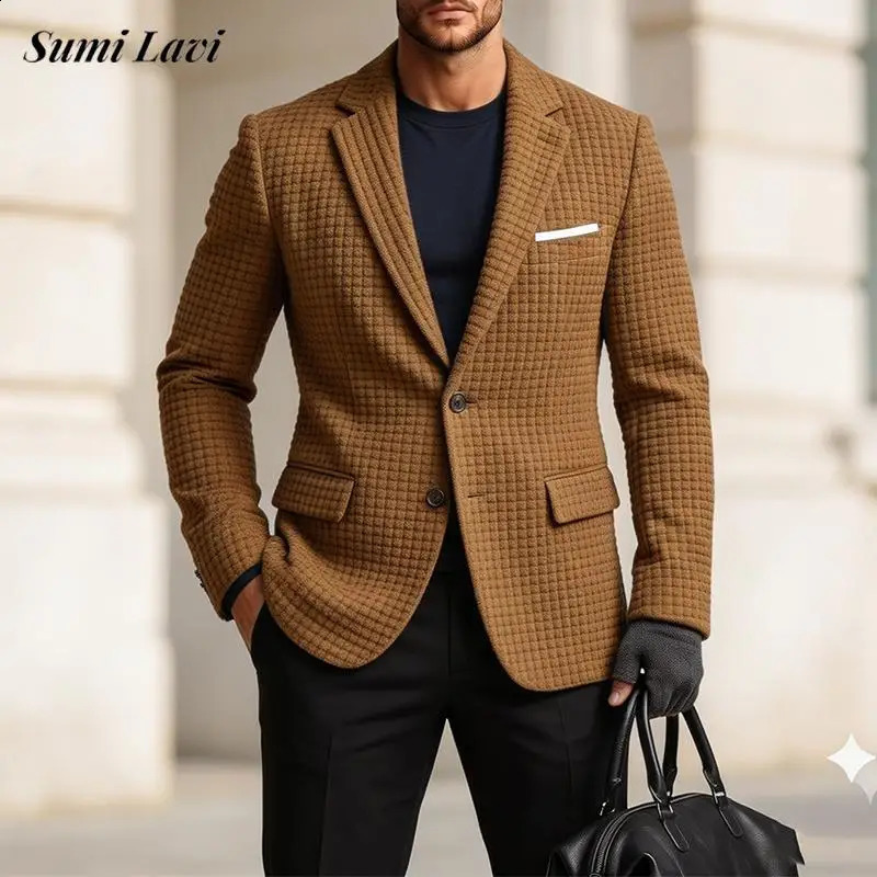 2026 Autunno Inverno Cappotto da uomo Cappotto vintage con scollo a V Waffle Manica lunga Capispalla per uomo Giacca casual con risvolto quotidiano