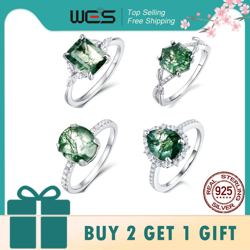 WES 925 Sterling Silver Natural Moss Agate Ring For Women Oval Cut Sea Grass Agate Flower Rings Wedding Party Jewelry Gift 260920