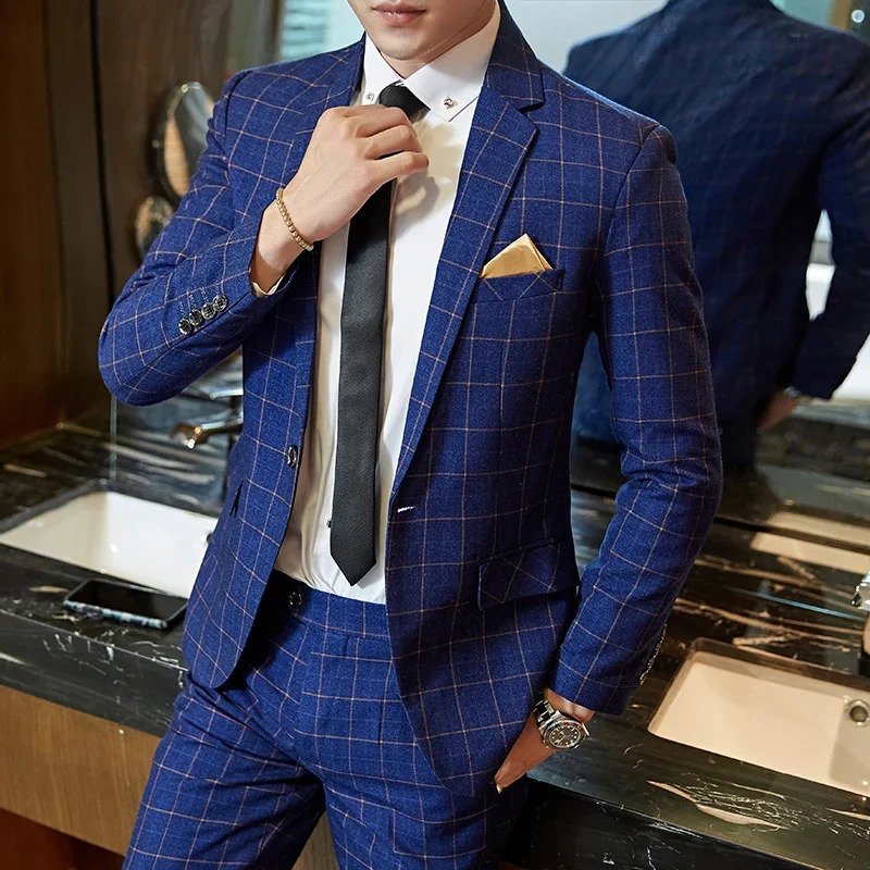 2025 Suit Blazer Pants Men's Boutique Fashion Business Gentleman Slim Fit Outdoor Wedding Plaid Trend Banquet 260918