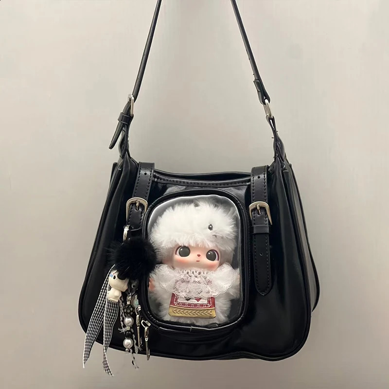 Japanese Cute Ita Bag With Transparent Partition Black Silver Simple Shoulder Bag Small Square Bag Idol Card Dolls Display Bags 260918