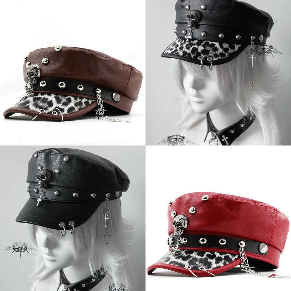 Trendy Y2k Berets Beret Women's Fashion PU Leather Cool Punk Skull Spike Cap Flat Top Captain Military Caps Women's Accessories J260919