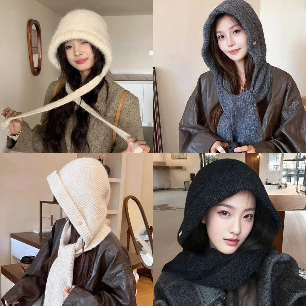 Bonnet Balaclava Berets Women's Korean Hat Scarf One-piece Winter Skullies Beanies Hat Thicken Warm Women's Head Hood Neck Protection J260