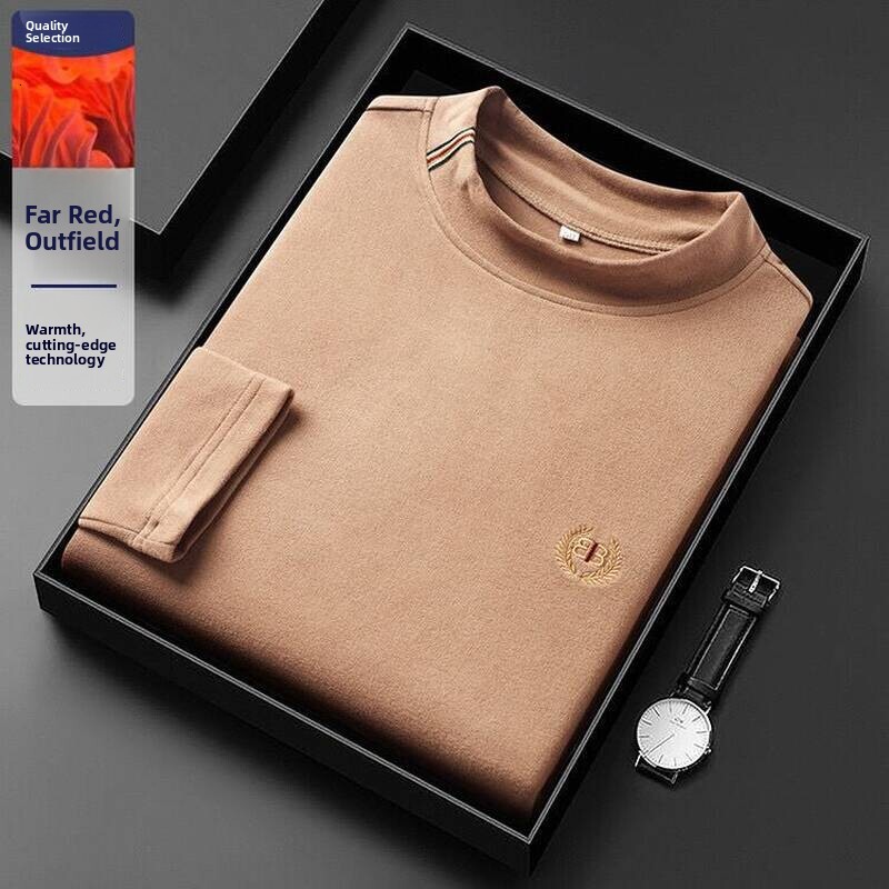 New Style Men's Autumn And Winter Double-Sided Fleece Embroidered Base Layer Top, Solid Color Long-Sleeve T-Shirt With A Semi-High Collar