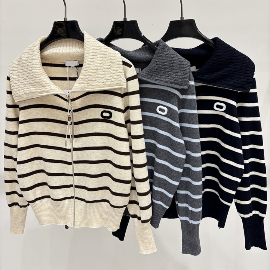 Women Preppy Style Knit Cardigan Designer Striped Lapel Neck Zipper Cardigan Sweater Autumn Campus Commute Daily Knit Jackets