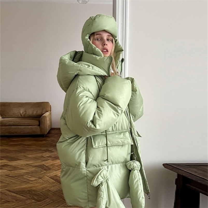 Women's Oversized Quilted Jacket With Hooded Fashion Stand Collar Long Sleeve Zipper Pocket Coat Lady Warm Winter Outerwear260918ww