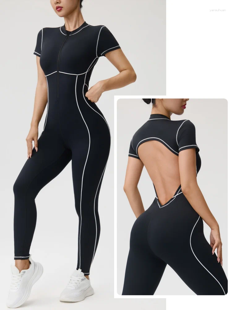 One Piece Seamless Jumpsuit Yoga Bodysuit Short Sleeved Backless Rompers With Hip Lifting Gym Clothing Women's Fitness Sport Set