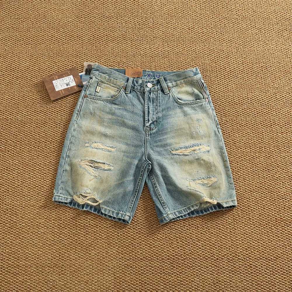 Men's Jeans High-end retro ripped denim shorts men's texture patch loose cropped pants casual mid-sized pants X260919