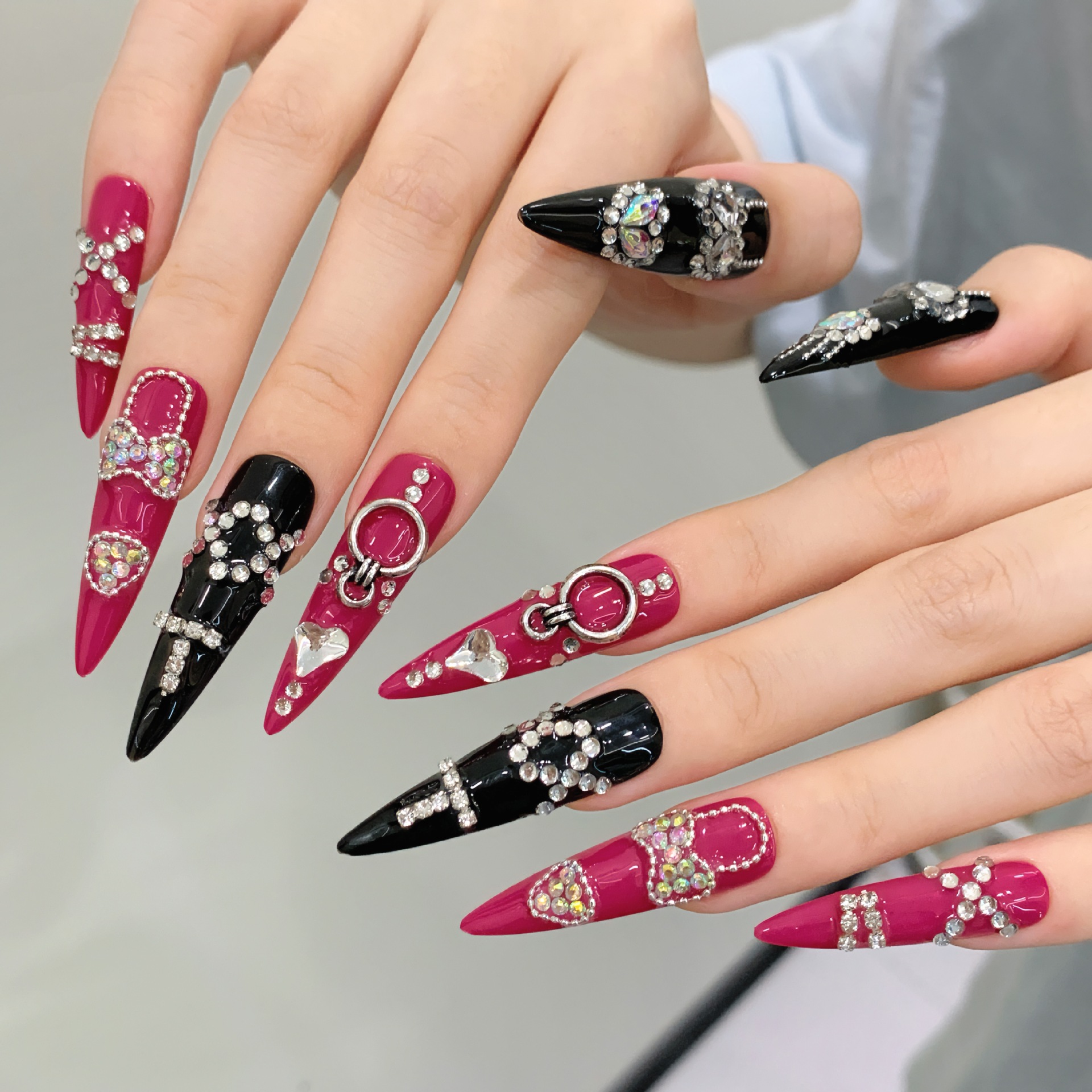 Short Stiletto Style Sweet Cool Contrast Nails, Hot Pink Black Heart Bow Long Stiletto Press On Nails