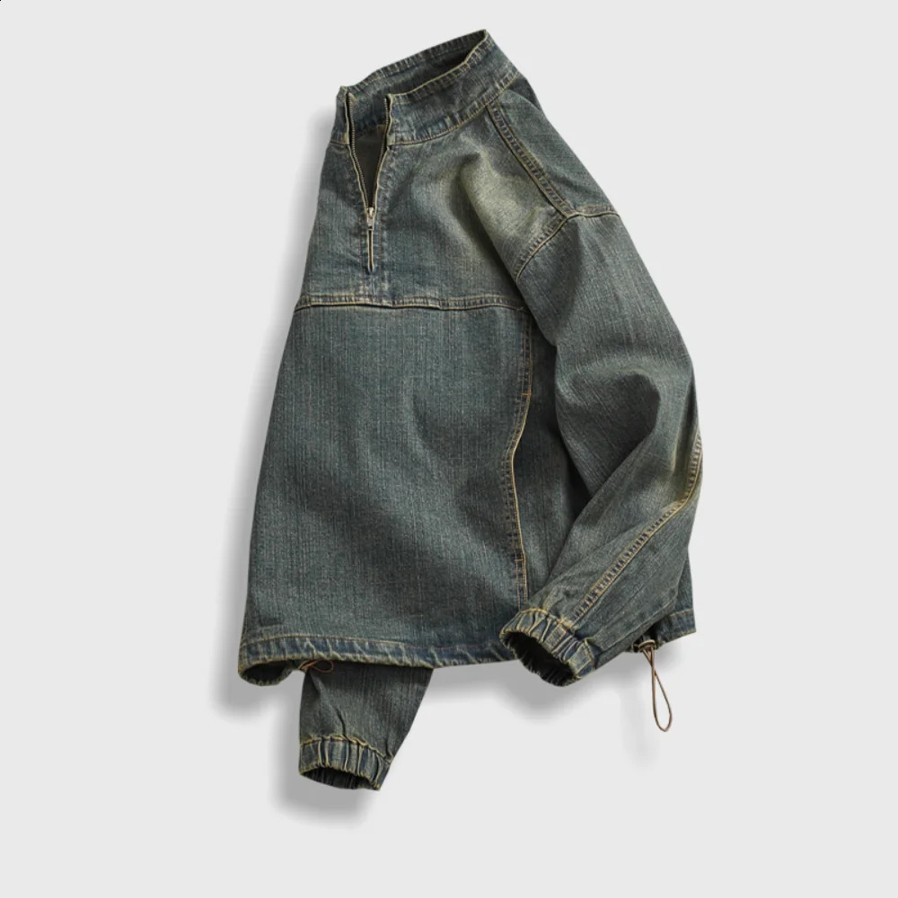 High street American denim top for men Spring Fall vintage do old wash pullover jacket Loose INS stand collar coat 260920