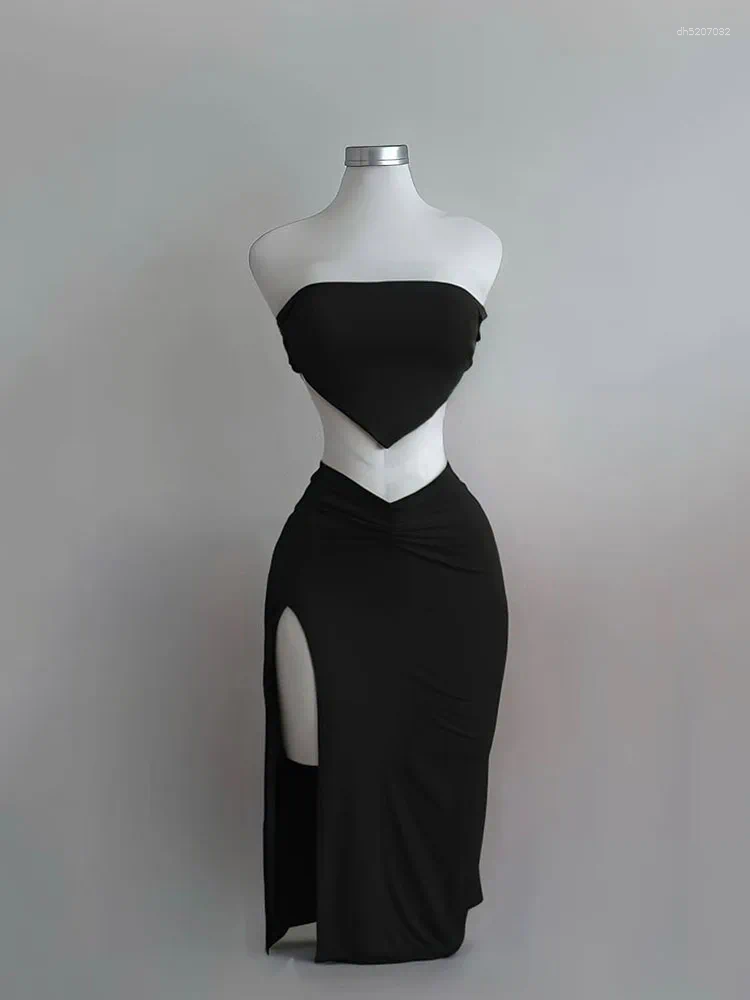 Strapless Backless Crop Top High Waist Skirt 2 Piece Set Women Summer Sexy Slim Fit Split Midi Dress Tube Suits Party Club Sets