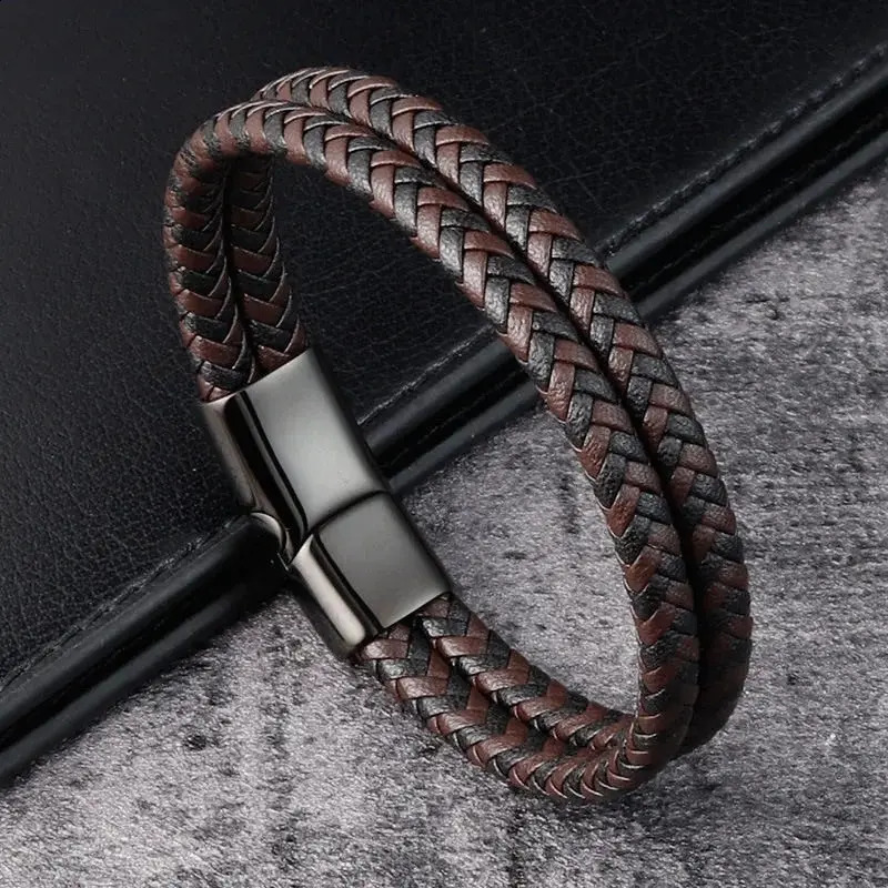 Pulsera de cuero genuino trenzado negro y azul para hombre, brazalete de doble banda 260920