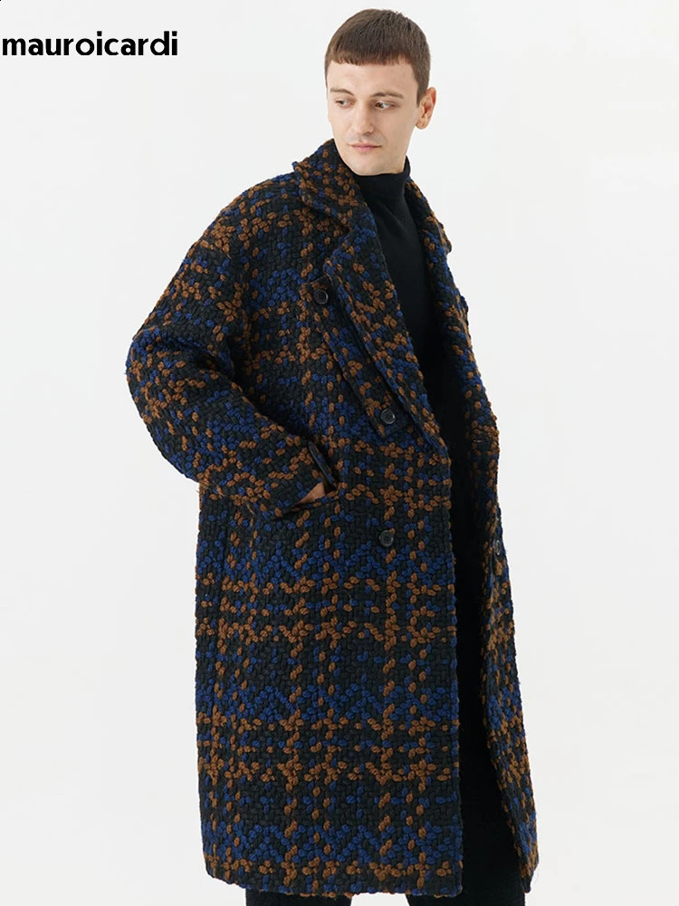 Mauroicardi Autumn Winter Long Loose Stylish Cool Thick Warm Plaid Tweed Woolen Coat Men Double Breasted European Fashion 260920