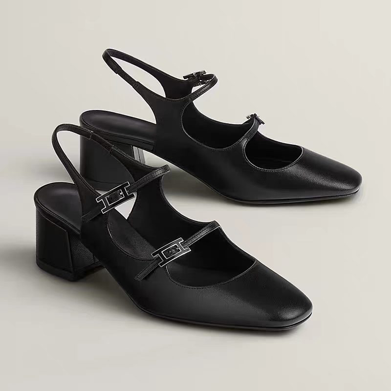 Top quality women's Chunky Heel sandal Classic Black cowhide Slingbacks dress shoes Luxury designer high-heeled sandals woman leather shoes siz