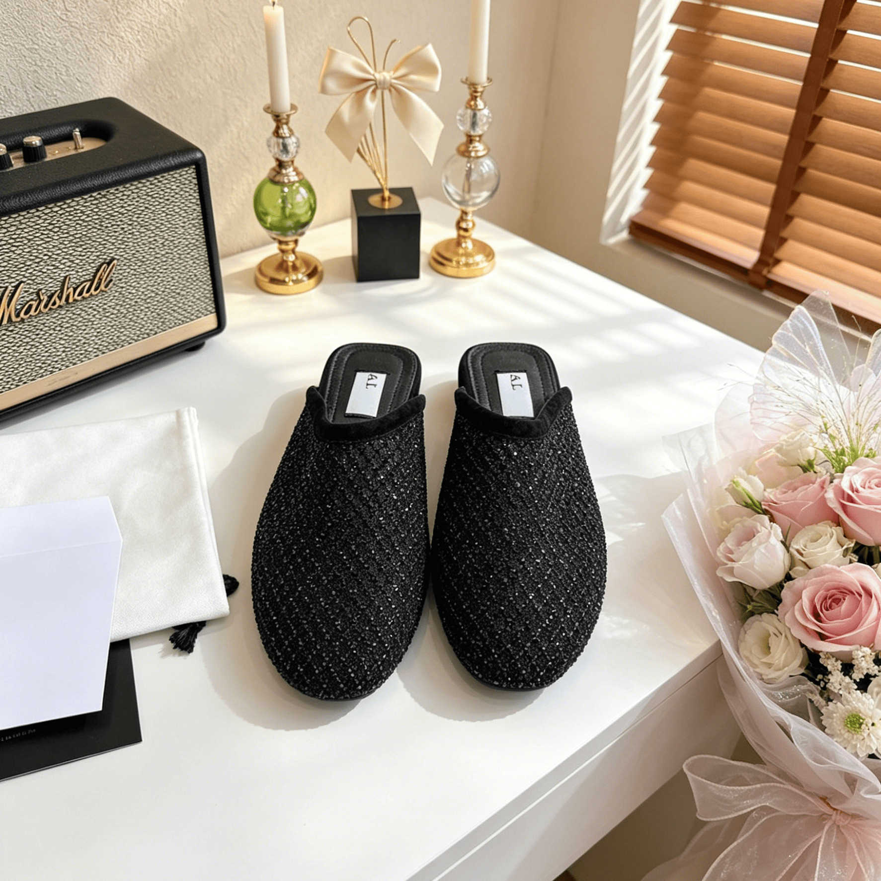 Slippers Summer mesh rhinestone flats women's 2026 new style shallow-toe closed-toe flat-soled outdoor wear half-slipper hollowed-out breathabl