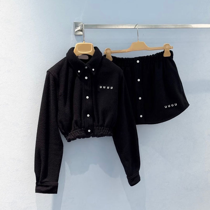 Sexy Crop Fleece Jacket Skirt Set Women Embroidered Lapel Button Coat Mini Skirt 2 Piece Sets Spring Autumn Vintage Versatile Short Skirt Outfit