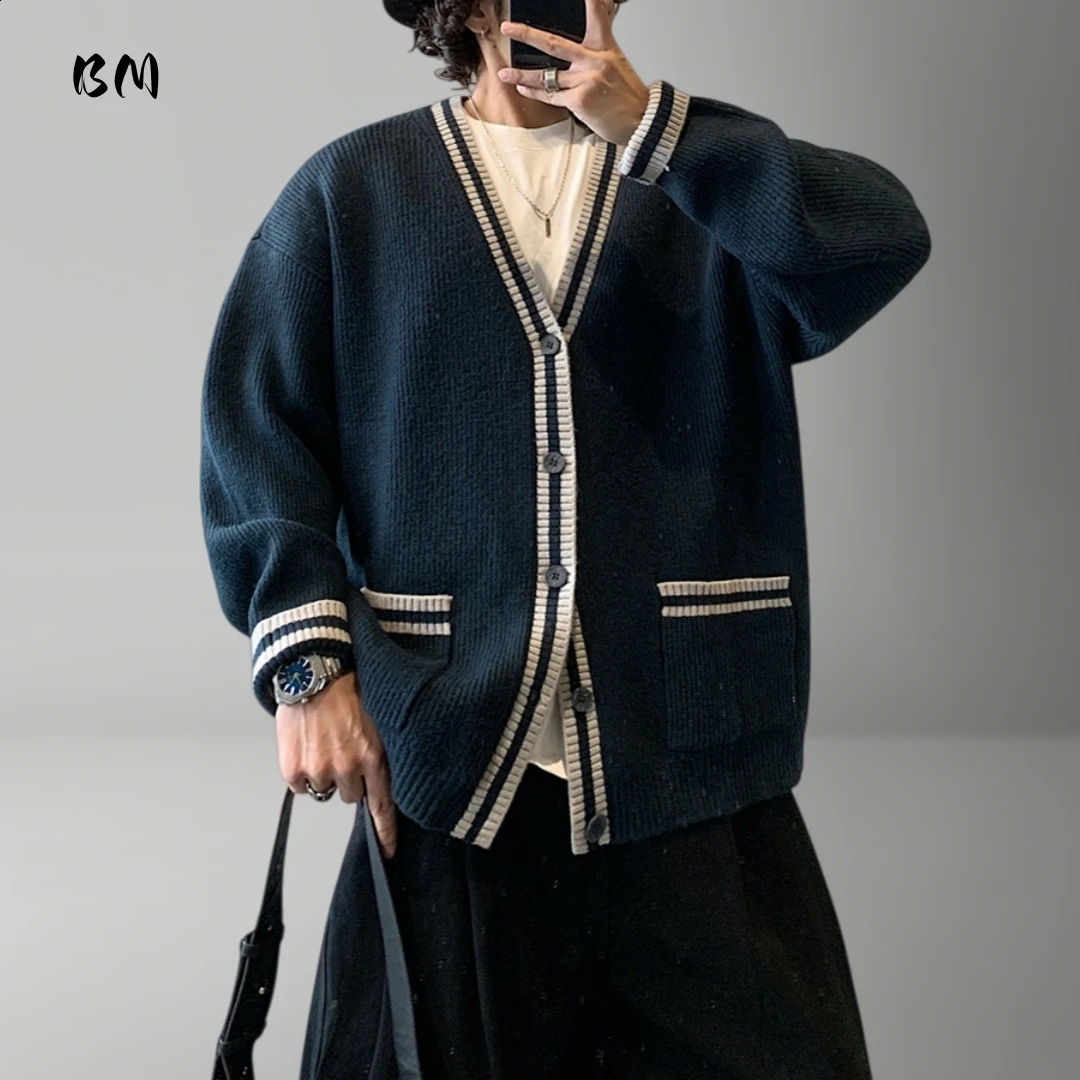 Cardigan unisex coreano vintage streetwear color block di alta qualità vestibilità rilassata cappotto casual maglieria alla moda per uomo donna 2609