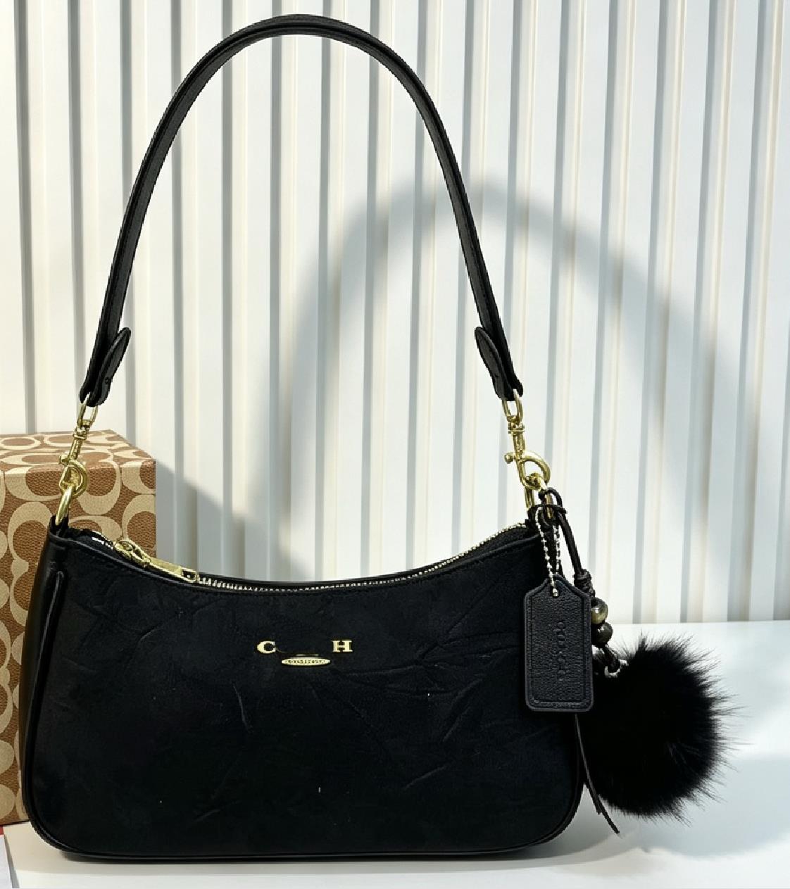 Charlotte Suede Hobo Bag Brown Vintage Designer Shoulder Bag with Pom Pom Charm Women Casual Fall Winter Soft Leather Trim Retro Fashion Daily Handb