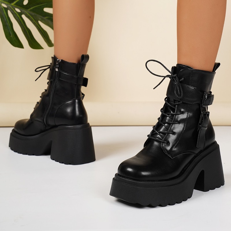 Botines con cremallera lateral, zapatos de tacón alto antideslizantes con plataforma frontal con cordones y punta redonda a la moda para mujer 2415