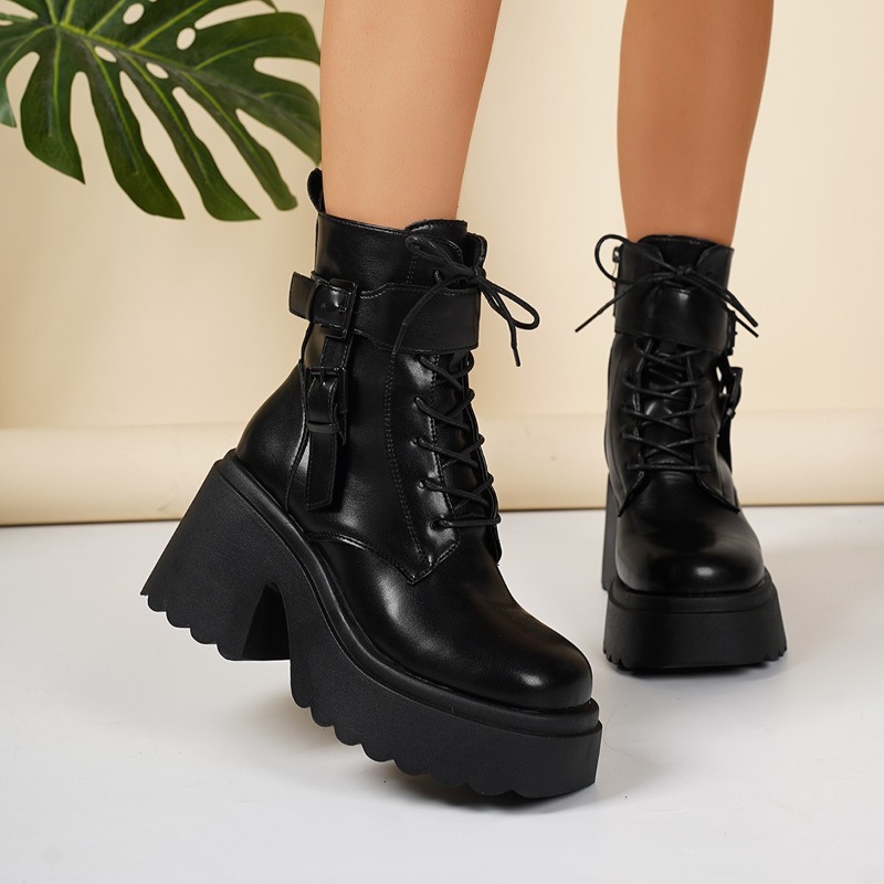 Botines con cremallera lateral y puntera redonda con cordones y plataforma delantera, zapatos de tacón alto antideslizantes para mujer