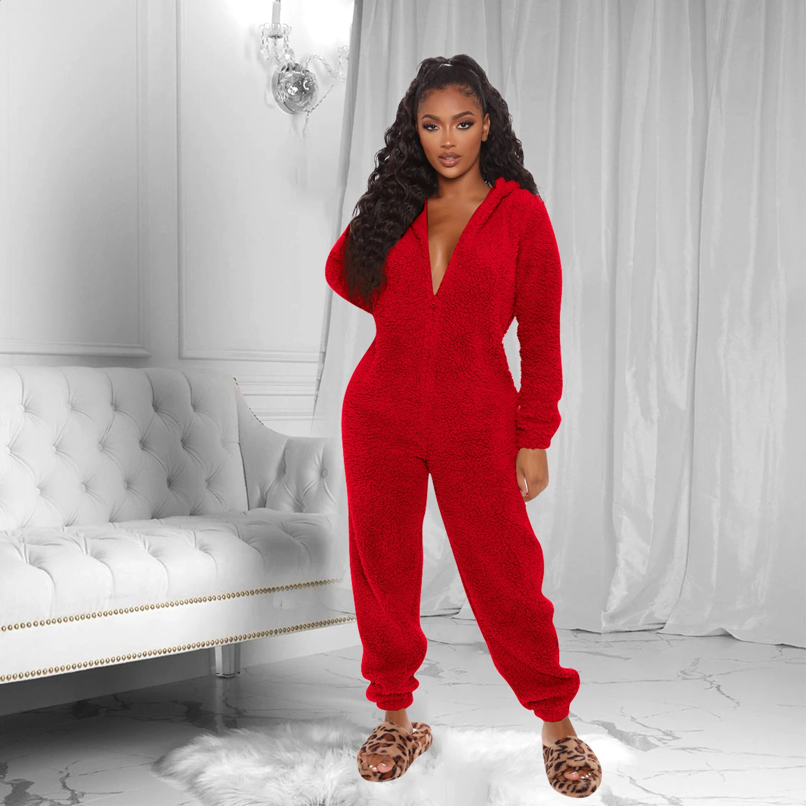 Women Winter Warm Thermal Fleece Sleep Jumpsuit Long Sleeve Solid Color Zip Up Hooded Pajama Lady Plush Home Wear Clothes 260920