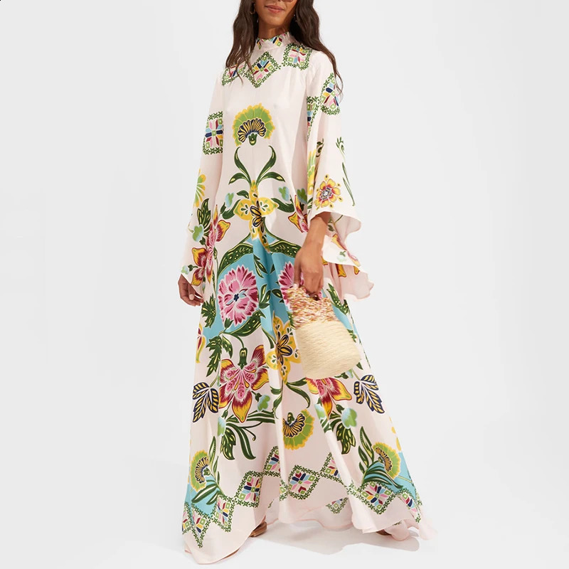 Ethnic Retro Spring Print Boho Long Dress Women Sexy Stand Collar Laceup Party Dress Fall Long Sleeve Loose Ladies Maxi Dresses 260920
