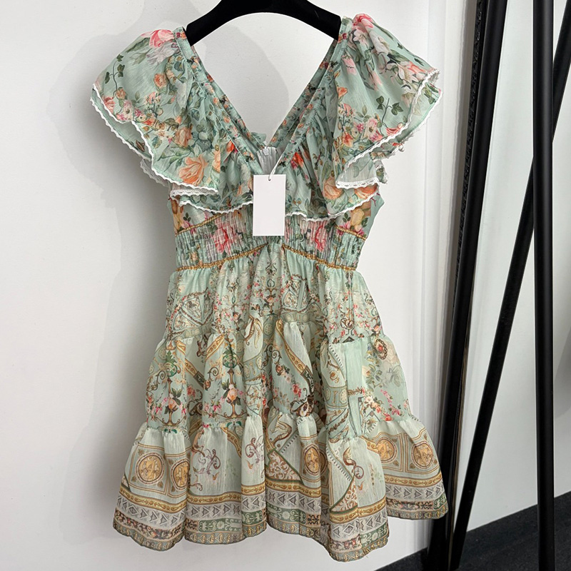Luxury Women Vacation Mini Dress Floral Print Ruffle Sleeve Sexy Backless Retro Dress Summer Birthday Party Date Dresses