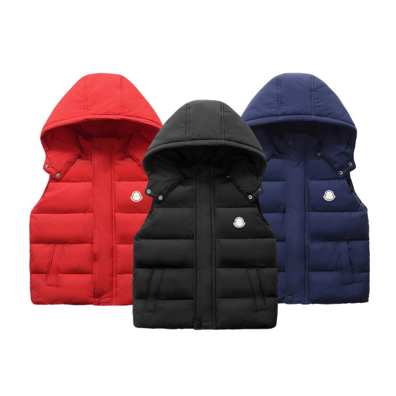 2026 Autumn Winter New Girls Vest Solid Color Letter Print Thick Warm Hooded Waistcoat For 4-15 Years Boys Cotton Down Outerwear