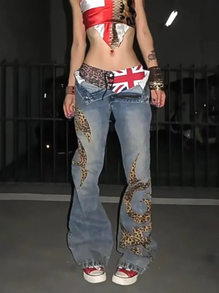 2026 American Retro Y2K Moda Leopard Patchwork Baggy Jeans da donna Pantaloni Donna Abbigliamento Dritto Lavato Pantaloni in denim blu 260920