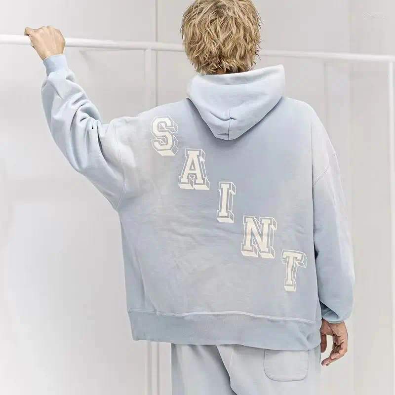 Arrivo unisex SAINT felpa con cappuccio con stampa a strappi blu pullover con cappuccio in tessuto pesante di alta qualità streetwear per uomo donna