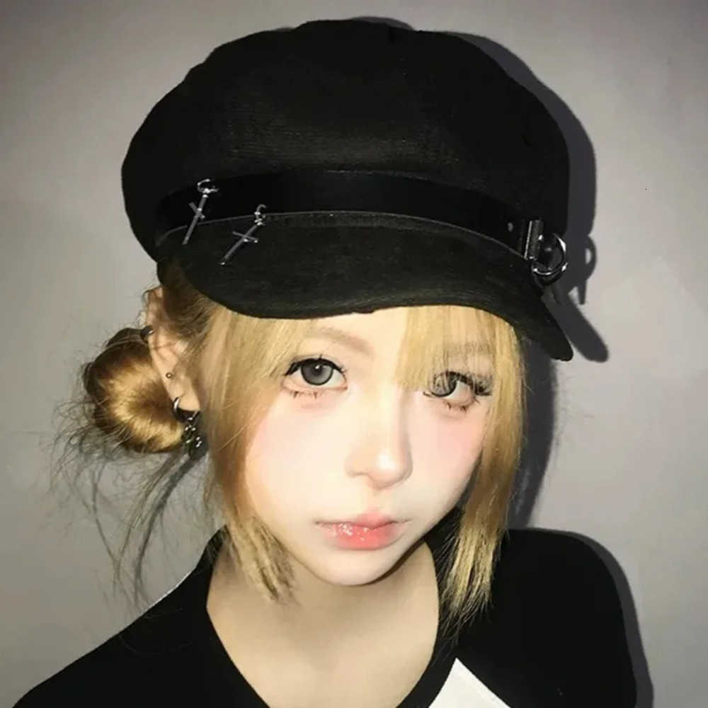 PU Newsboy Cap Berets Punk Leather Beret Y2K Gothic Cross Design Painter Hat Adjustable Unisex Subculture Hat with Studs J260919