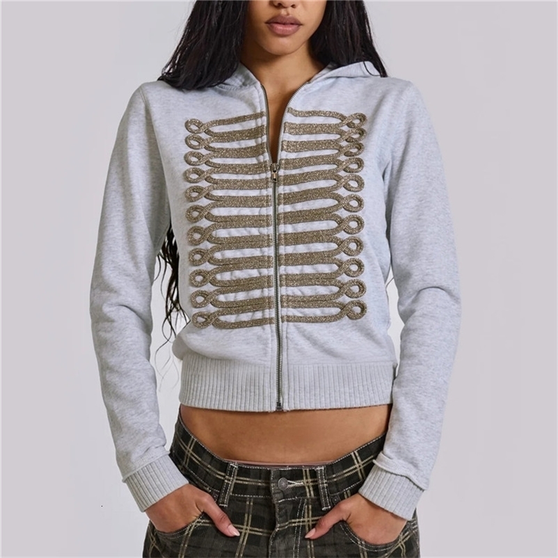 Giacca corta con zip con ricamo militare con cappuccio Manica lunga Polsini a costine Orlo Felpa corta slim Donna Cappotto per uscire 260918