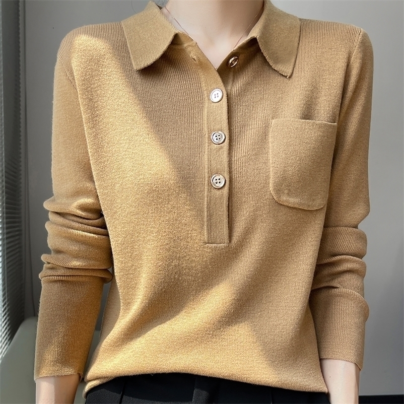 Women 100% Pure Merino Wool Soft Sweater Polo Collar Pullover Autumn Winter Casual Knit Tops Solid Color Regular Female Knitwear 260918