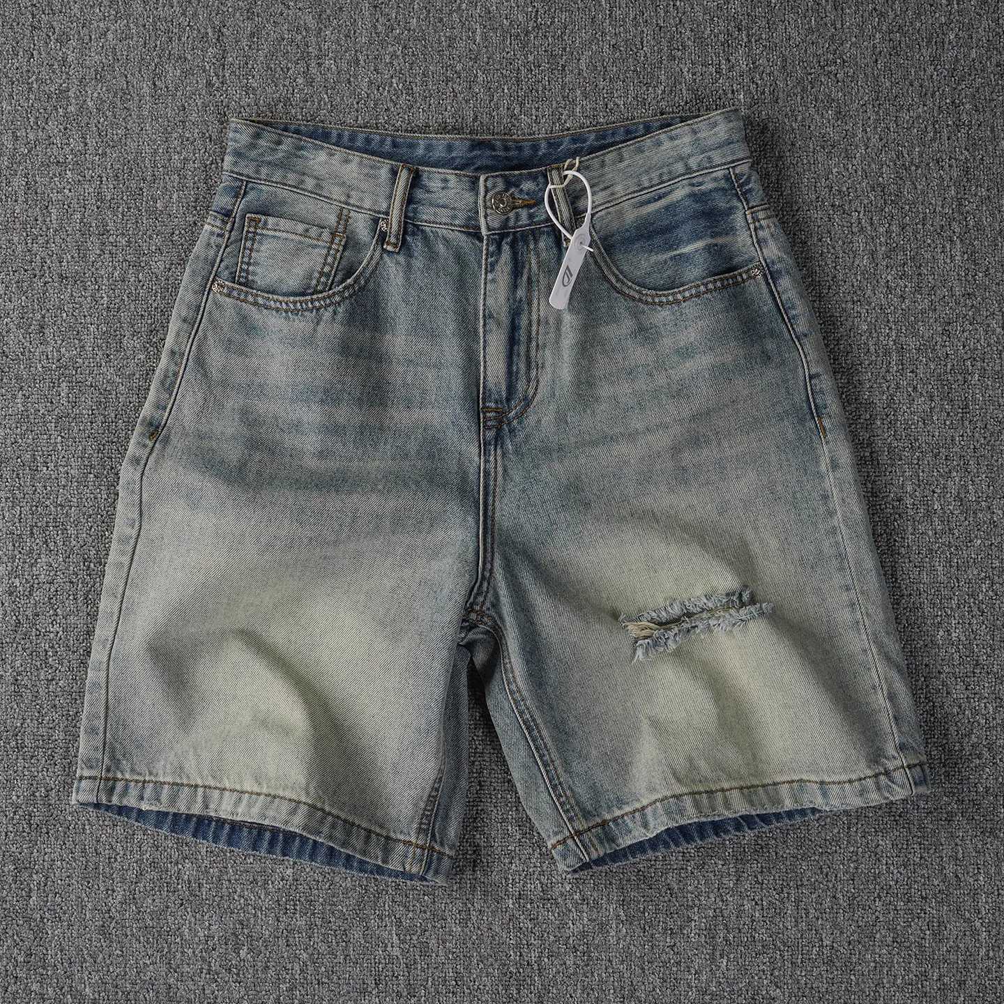 Men's Jeans Retro blue heavy industry washed distressed denim shorts men's summer trendy loose straight-leg five-point pants X260919