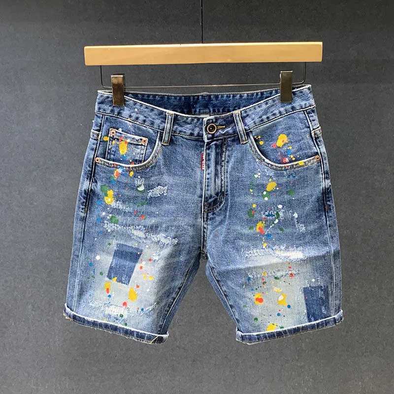 Men's Jeans 2025 Summer New Fashion Trend Printed Ripped Straight Stretch Jeans Men's Casual Loose Sports High Quality Denim Shorts 28-36